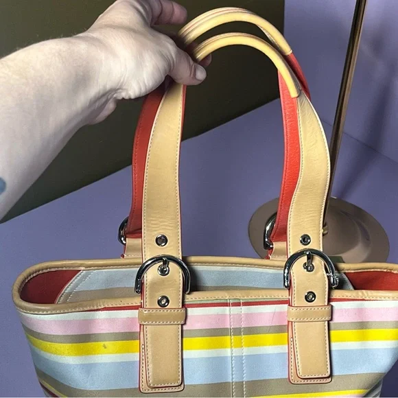 Vintage 2004 Coach Hamptons Daisy Multicolor Striped Handbag Cotton Leather Y2K - Picture 14 of 16